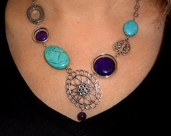 Statement necklace, boho chic jewelry, asymmetric necklace, gift, funky jewelry, silver link jewelry, turquoise necklace, unique necklaces