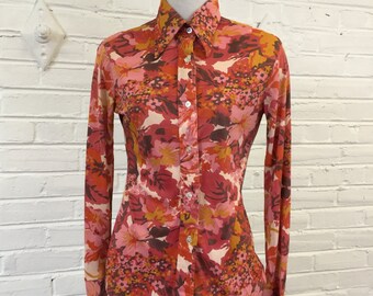 1970s Red Floral Disco Shirt, size S