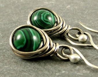 Malachite Earrings, Wire Wrapped Jewelry, Holiday Jewelry, Gifts for Her Under 30 Eco Friendly Gemstone Earrings