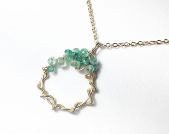 Emerald Necklace, Emerald Gemstone Pendant, Wire Wrapped, Gold Fill Gemstone Necklace, Sculptured Pendant, Birthstone, Gifts for Her