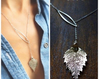 Birch leaf lariat, silver y necklace, real leaf necklace, leaf jewelry, fall wedding, winter, otis b, botanical, woodland, holiday gift idea