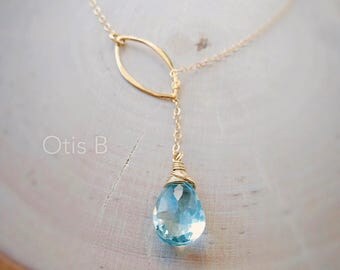 Aquamarine Y necklace, March birthstone, Lariat necklace, sterling silver, gemstone jewelry, Otis B, crystal necklace, good luck