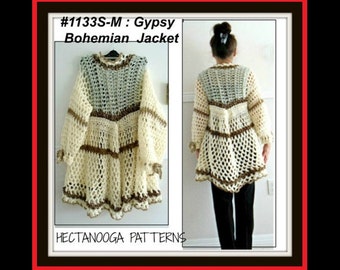 Crochet PATTERN- gypsy bohemian vest or jacket, women, teens- Chest 38 - 48 inches, shrug cardigan sweater shawl,#1133M-L