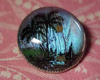 Vintage Blue Butterfly Wing Brooch Reverse Painted under Glass Palm tree Scene