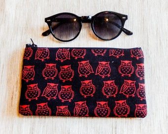 Owl Pouch, Fabric Zipper Pouch, Fabric Pouch, Pouch, Owl Coin Purse, Owl Change Pouch, Gift for her, Gift under 20, Red Owl Pouch, Pouch