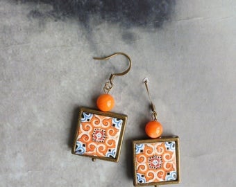 Earrings Portugal Tile Azulejo Portuguese Antique Orange FRAMED OvAR (see photo of Facade) WaTERPROOF Reversible Talavera Ceramic 218b