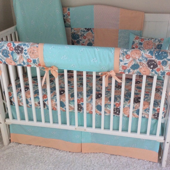 Baby Bedding Girl Crib Set Peach Coral Teal by butterbeansboutique