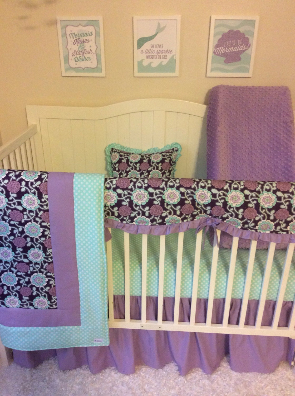 Baby Girl Purple and Mint Crib Bedding Set by butterbeansboutique