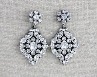 Crystal Wedding earrings, Rhinestone Bridal earrings, Wedding jewelry, Statement earrings, Vintage style earrings, Antique silver, Swarovski