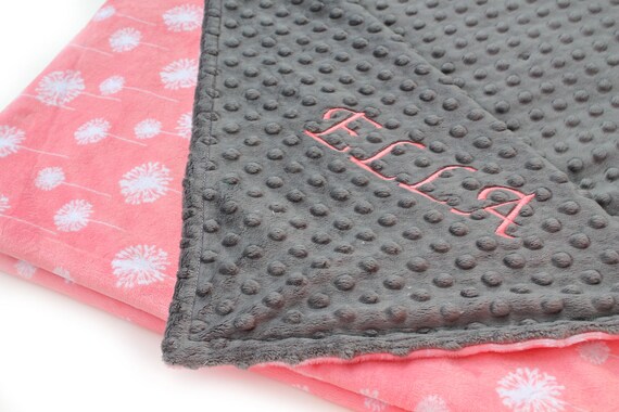 Minky Baby Blanket / Personalized Baby Blanket / Girl Coral Gray Flower - Dandelion Stroller Blanket / Baby Shower Gift // Dandelion Blanket