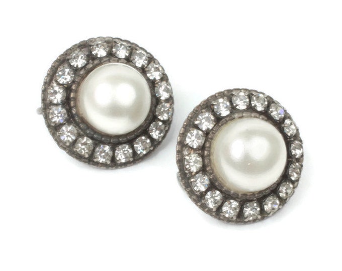 Faux Pearl Earrings Rhinestone Accents Domed Round Vintage