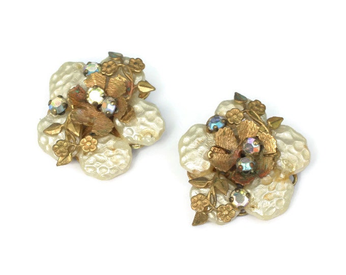 AB Rhinestones Faux Pearl Earrings Floral Accents Vintage