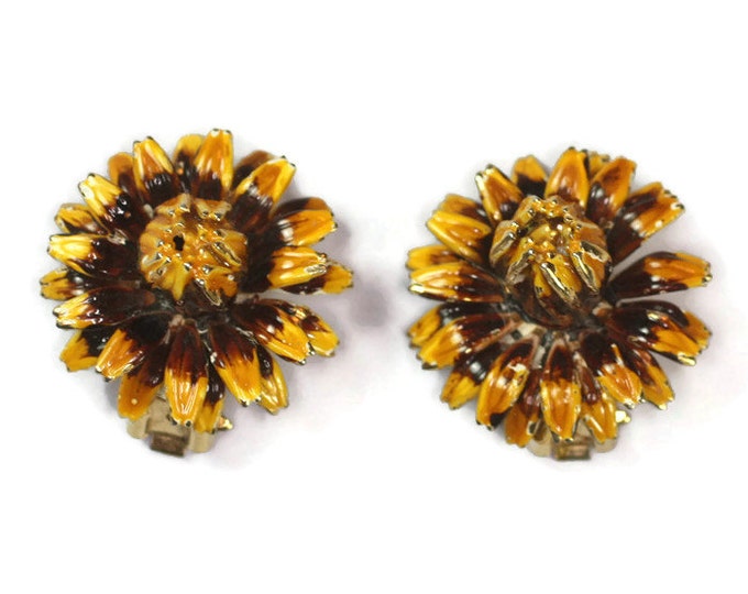 Enameled Sunflower Earrings Weiss Clip Designer Figural Vintage