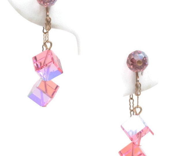 Pink AB Dangle Earrings Cubes Bead 2 Inch Drop Clip On Vintage