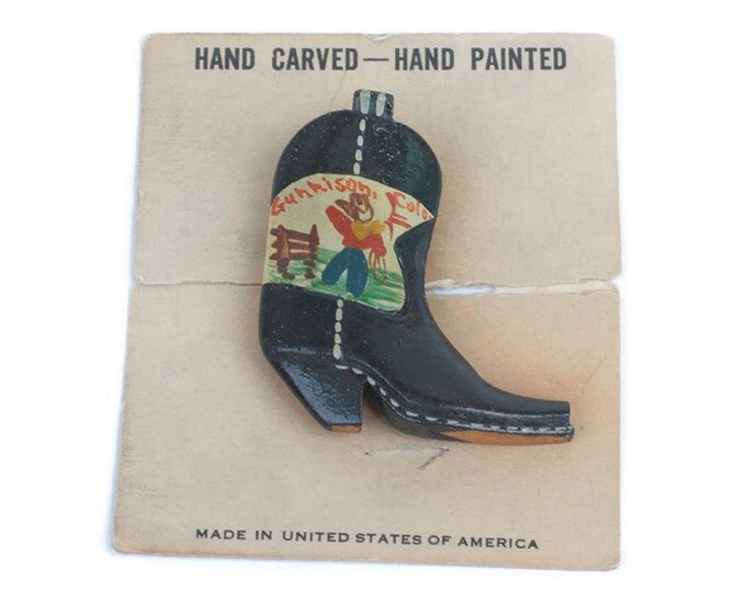 Wooden Cowboy Boot Pin Hand Painted Gunnison Colorado Souvenir