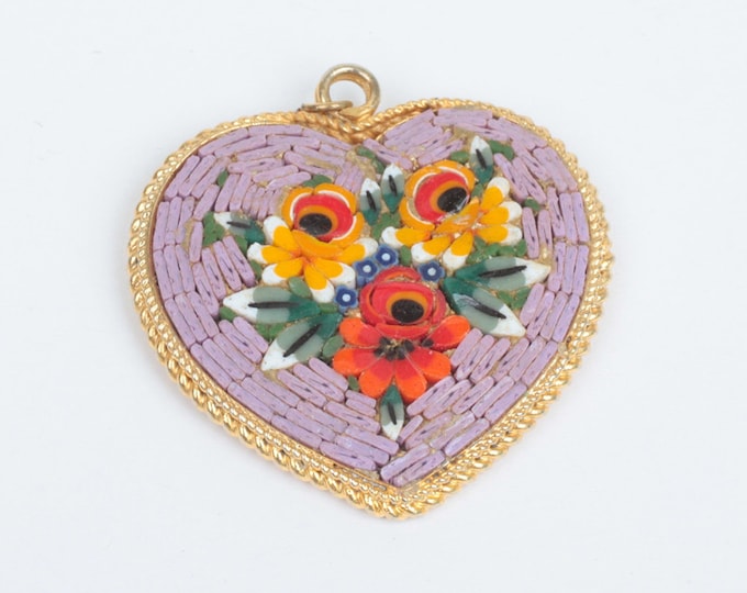 Lavender Mosaic Heart Pendant Florals Vintage Signed Italy