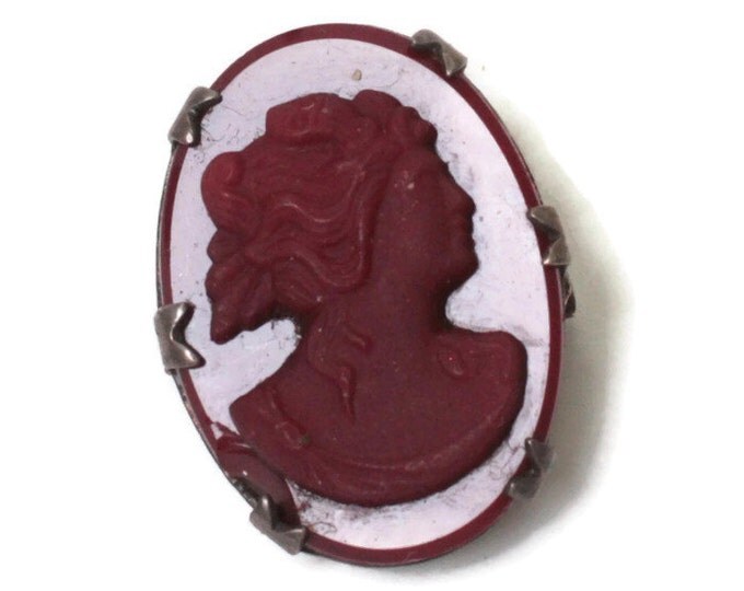 Red Glass Cameo Pin Sterling Setting 1920s 1930s