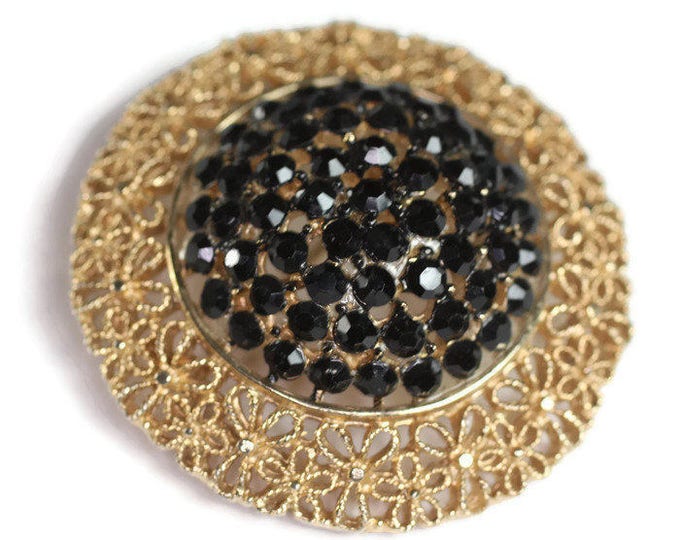 Black Crystal Brooch Gold Tone Filigree Karu Arke Vintage