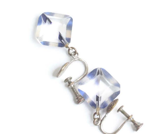 Two Color Lucite Dangle Earrings Clear and Blue Prism Screw Back Art Deco Earrings