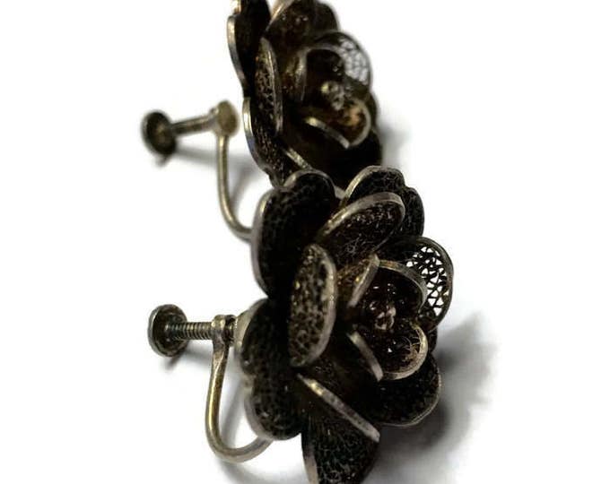 CIJ Sale Silver Filigree Flower Design Earrings Vintage Screw Back
