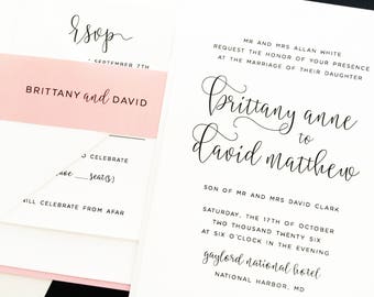 Wedding Invitation, Wedding Invite, Layered Invitation, Black, White, Pink, Blush, Custom Colors | PRINTED SAMPLE