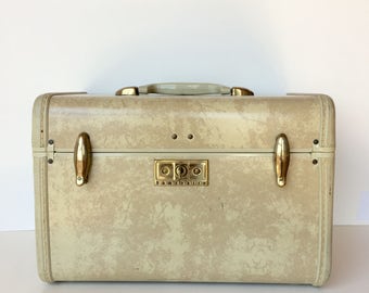 Vintage Train Case Luggage Samsonite Cream Marbled Suitcase