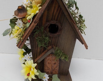 Silk Flower Arrangement on Rustic Country Bird House