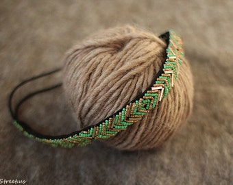 Green and Gold Headband, Women Beaded Headband, Women Headband, Bohemian Headband, Indie Headband, Braidsmaids Gift, Gift for Her