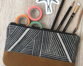 Geometric Block Printed Pouch on linen with waxed canvas bottom- black