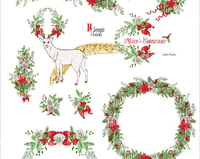 Red and White. Clip art, Christmas clipart, poinsettia, mistletoe, deer, Christmas tree, poinsettia, bow, wreath