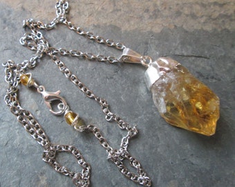 Raw Citrine Necklace - Citrine Pendant - Silver Chain - Chakra, Minimalist, Layering Necklace