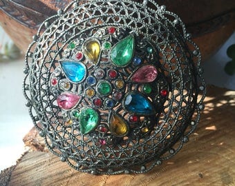 Vintage jewel tone rhinestone filigree brooch