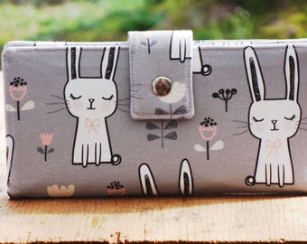Wallet clutch, vegan wallet, bunnies, bunny wallet, womens wallet, travel wallet, organic wallet, checkbook wallet, thin wallet