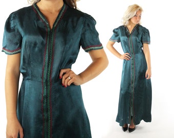 Vintage 40's Evening Gown Puff Sleeve Dress Green Satin Rayon Hand Embroidered 1940s Medium M