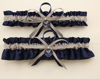 Navy Blue Satin and Silver Wedding Garter Set with Air Force Deco, Bridal Garter, Prom Garter (Your Choice, Single or Set)