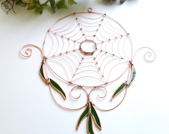 Round Copper Wire Spider Web With Stained Glass Leaves Custom One of a Kind Window Decor Sun Catcher Wall Hanging