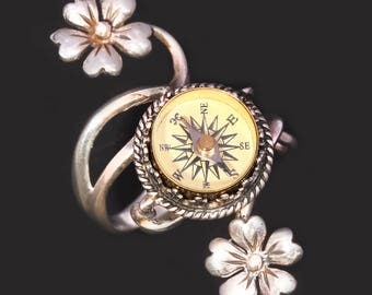 Sterling Silver Compass Ring Sterling Silver Flower Ring Compass Ring Silver Compass Ring Working Compass