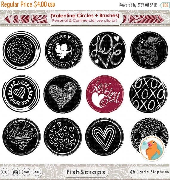 75% SALE Valentine Circle Clip Art - 3 inch Round Images - Circle Digital Stamps - Photoshop Brushes + PNG - Love - Kisses - Hearts Il_570xn