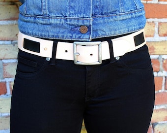 Unisex Fusion Leather Belt Two Tone Black Natural Brown Leather Nickel or Brass Removable Buckle