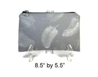 Gray Zipper Pouch, Feather Pouch, Zip Bag, Cotton Pencil Case, Purse Pouch, Cosmetic Bag, Makeup Zip Bag, Accessory Pouch, Padded Pouch