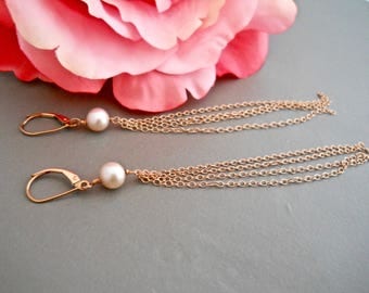 Tassel Earrings, Rose Gold Tassel, Freshwater Pearl Earrings Long Dangle Earrings, Long Drop Earrings, Shoulder Dusters, Chain Earrings