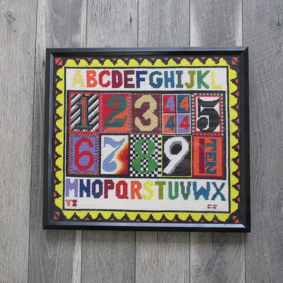 Vintage Framed Alphabet & Numbers Needlepoint Cross Stitch