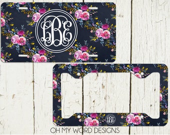 Monogram Car Tag Set-Personalized License Plate-Monogram Car Tag-Monogrammed License Plate-Flower Car Tag-Car Tag Frame-License Plate Frame