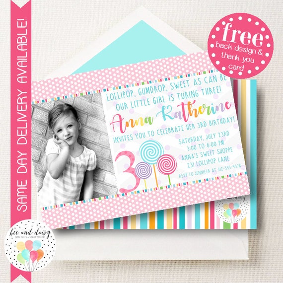 Lollipop Birthday Invitation, Lollipop Invitation, Lollipop Party, Girl First Birthday, Girl Birthday, Lollipop Invite, Candy Party Il_570xn
