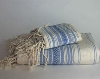 turkish towel set, pure cotton, pestemal and peshkir, ecru and blue, beach towel, baby blanket, tabelcloth, quick dry, body and hand towel,