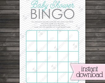 Chevron Baby Shower Bingo Game - Aqua Blue Baby Shower Games Printable - Instant Download - Boy Baby Shower Activities - Blue and Gray