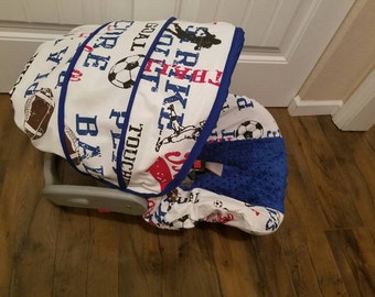 Baby Boy Car Seat Cover- SHIPS TODAY - sports theme infant seat cover - fits Graco snugride 22 pound infant seats - Free Shipping