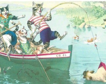 Vintage Alfred Mainzer Anthropomorphic Dressed Cats by Eugen Hartung Postcard Printed in Turkey, 1970s