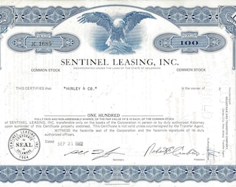 Vintage Sentinel Leasing, Inc. Original Common Stock Certificate (blue), 1970s