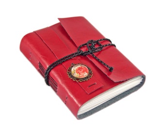 Red Faux Leather Journal with Blank Paper and Rose Cameo, Ready to Ship